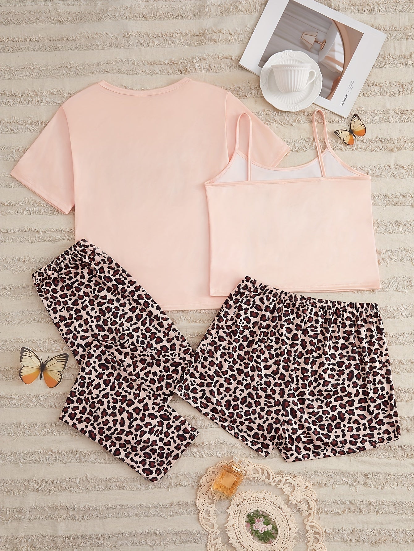Women's Leopard Butterfly Print Casual Pajama Set, Short Sleeve Round Neck Top & Crop Cami Top & Pants & Shorts, Comfortable Relaxed Fit